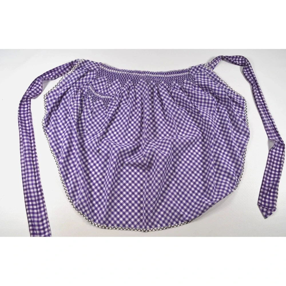 Vintage MCM 60s Half Apron Purple‎ & White Gingham Smocked Pocket Waist Band 20
